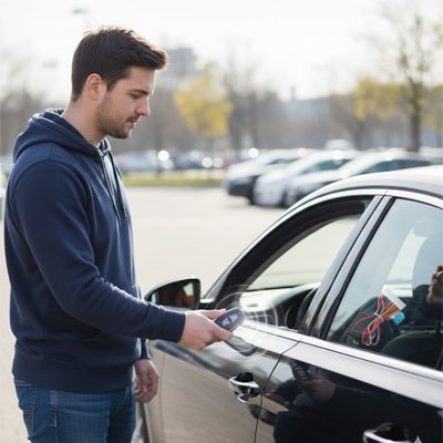 conducteur déverrouillant sa voiture avec une télécommande d'alarme voiture