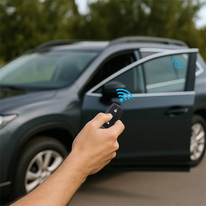 une main activant alarme voiture à distance avec sa télécommande