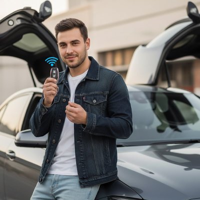 conducteur montrant sa télécommande d'alarme voiture devant sa voiture