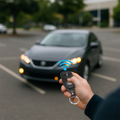 personne activant l'alarme voiture à distance avec sa télécommande