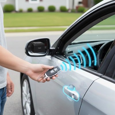 une main qui tient une télécomande d'alarme voiture 