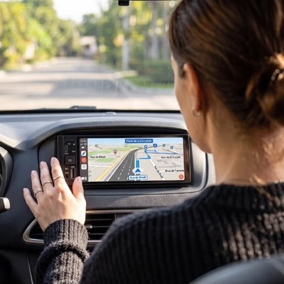 Autoradio carplay installé dans une voiture, indiquant une direction