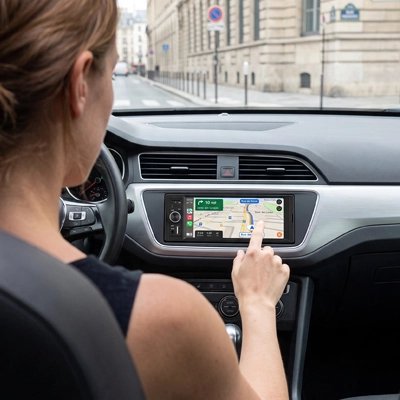 Autoradio carplay indiquand la direction dans une voiture