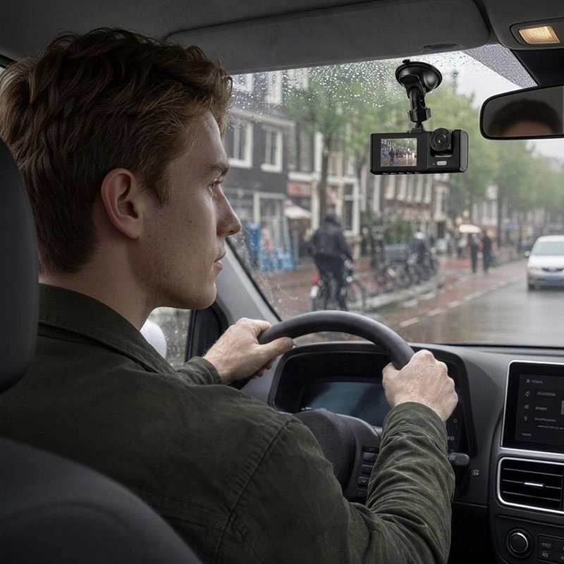 Dashcam voiture installé dans la voiture avec un homme à l'intérieur