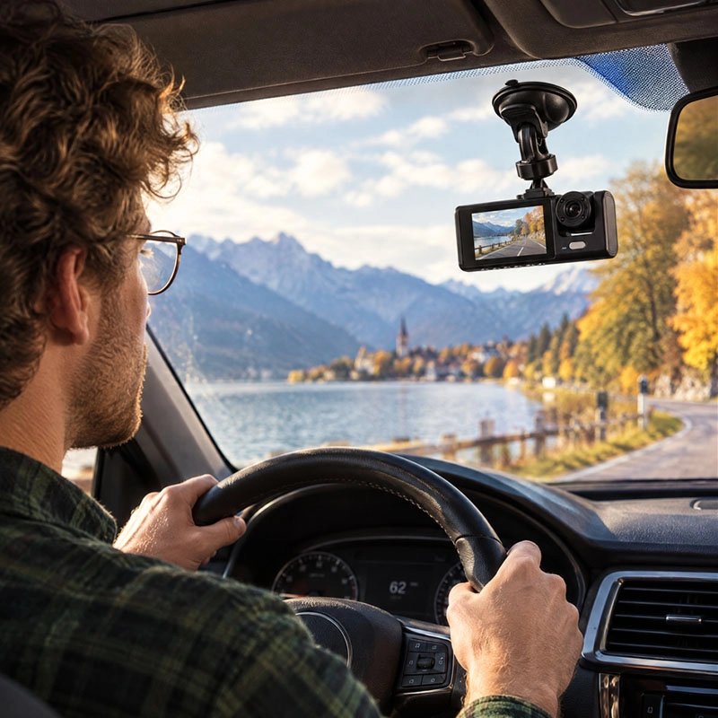 Dashcam voiture installé dans la voiture avec un homme à l'intérieur