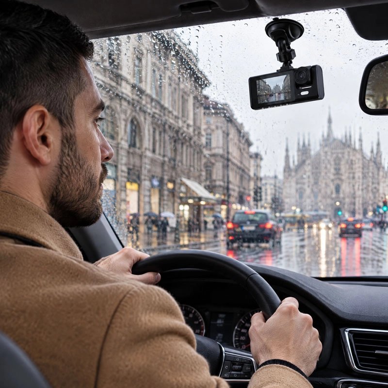 Dashcam voiture installé dans la voiture avec un homme à l'intérieur