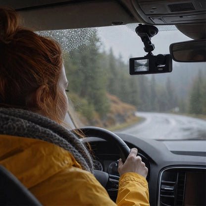 Dashcam voiture installé dans la voiture avec une femme à l'intérieur
