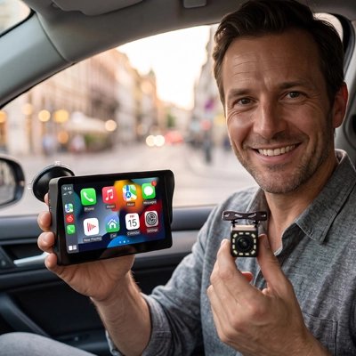 Ecran carplay dans la main d'un homme assis dans la voiture