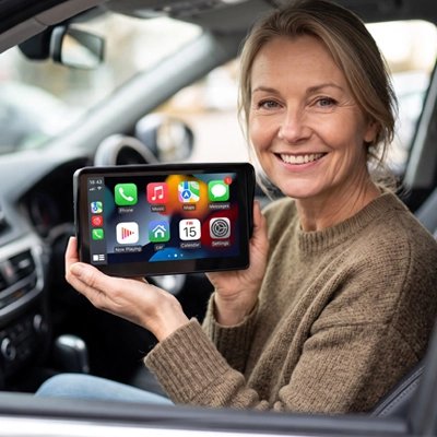 Ecran carplay dans la main d'une femme assise dans de la voiture