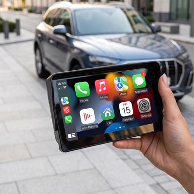 Ecran carplay dans la main d'une femme à l'extérieur 