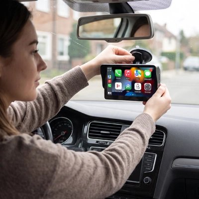 Ecran carplay dans la main d'une femme assise dans de la voiture